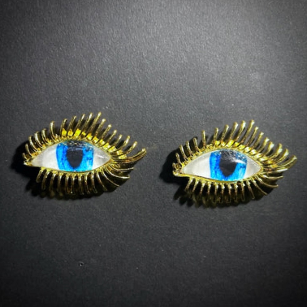 Blue Eyes & Golden Lashes Earrings ~ Surrealist Maximalism